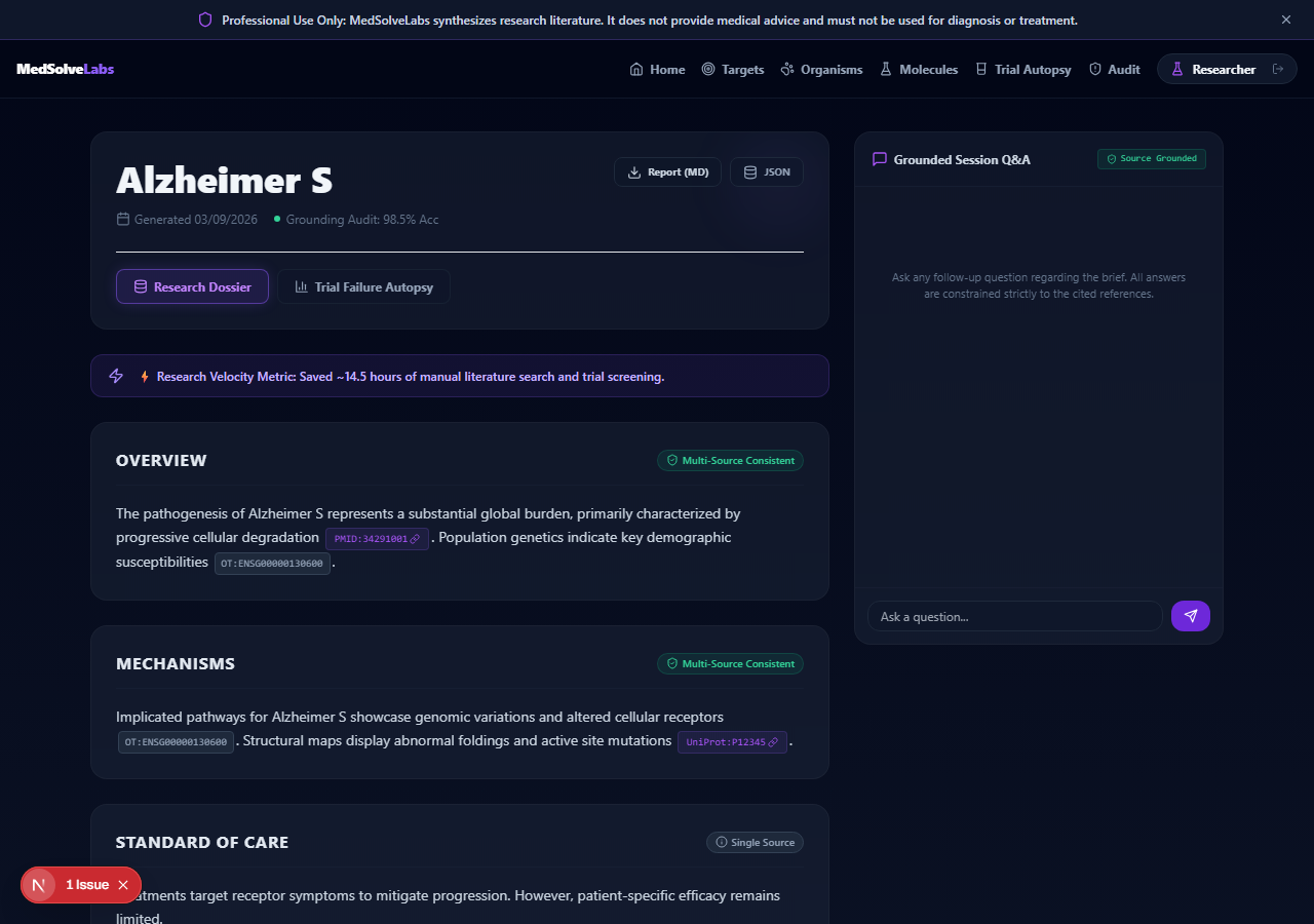 MedSolveLabs disease brief for Alzheimer's, generated from live literature and database queries with inline PMID, Open Targets, and UniProt citations